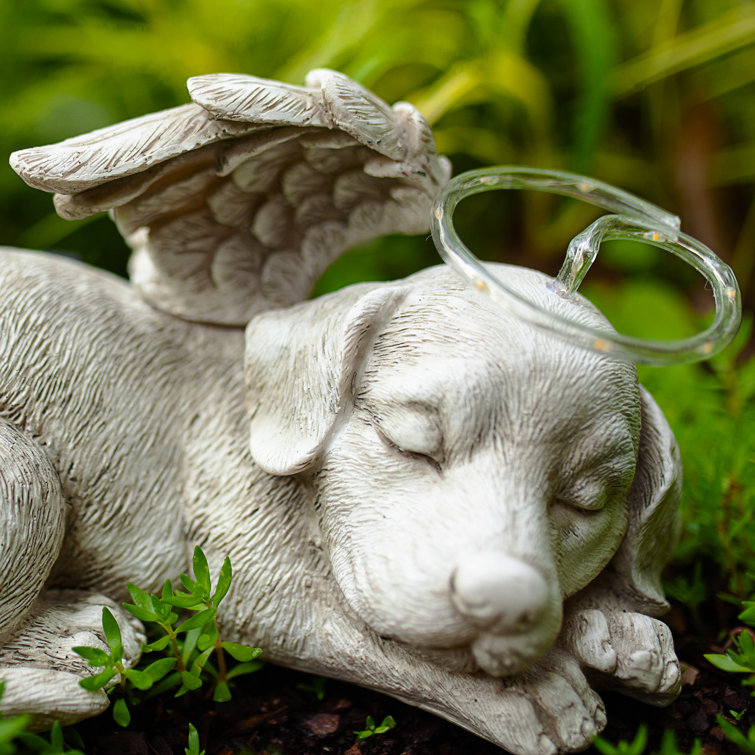 Exhart Solar Sleeping Dog with Halo and Angel Wings Memorial Garden Statue,  12 by 7 Inches